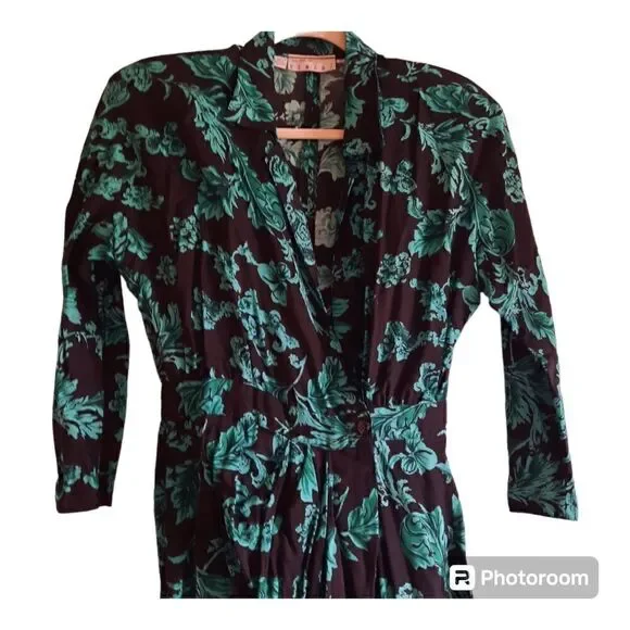 80s Ann Tjan Kenar 2 Floral Faux Wrap Vintage Secretarys Dress - Picture 3 of 5